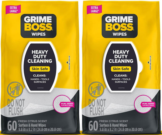 Grime Boss Heavy Duty Surface and Hand Wipes (2x60ct) | Wet Wipes Remove Paint, Oil, Grease, Adhesives, Mud, Dirt | Shop Wipes Replace Cleaners like Rags, Towels, Pumice, Soap
