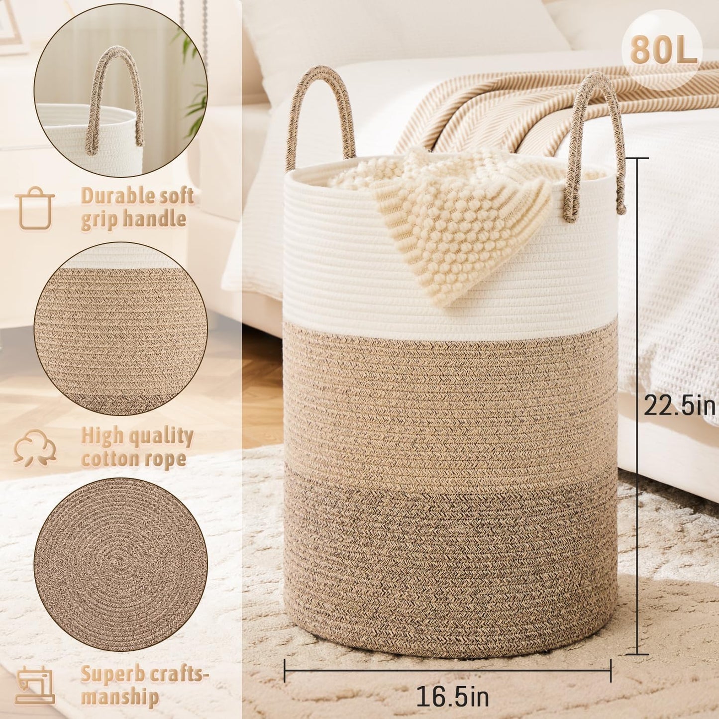 Laundry Basket,Woven Cotton Rope Laundry Hamper,80L for Decorative Storage of Dirty Clothes,Toys and Blankets in Bathroom,Bedroom and Living Room