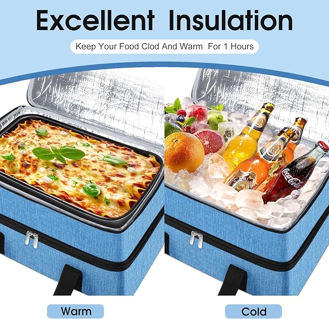 Double Insulated Casserole Carrier, Portable Casserole Carrier for Hot or Cold Food Lunch Tote Warmer or Cooler Bag, Lasagna Lunch Bag for Potluck Parties- Fits 9" x 13" Baking Dish-Azure