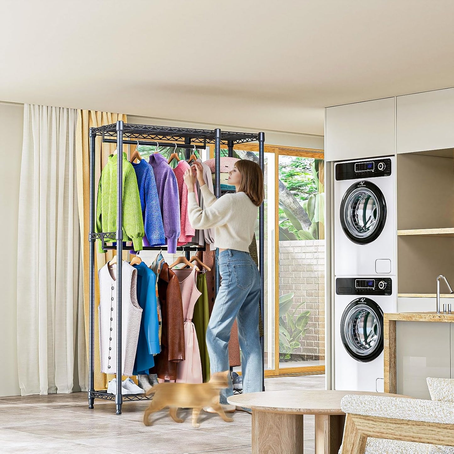 Heavy Duty Rolling Garment Rack 3 Tiers Adjustable Wire Shelving Clothes Rack with 1 Rods and Side Hooks,Storage Closet Clothing Rack Black 15.7" D x 43.3" W x 76.5" H