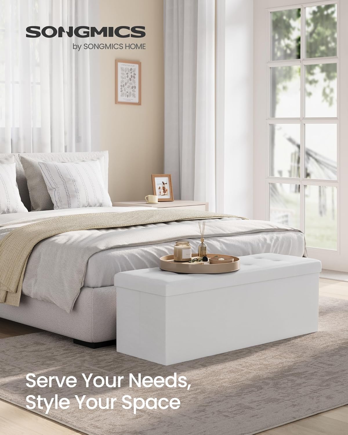 SONGMICS MAZIE Collection - 43 Inches Folding Storage Ottoman Bench, Ottoman with Storage, Foot Rest Stool, Load 660 lb, for Living Room, Synthetic Leather, White ULSF702