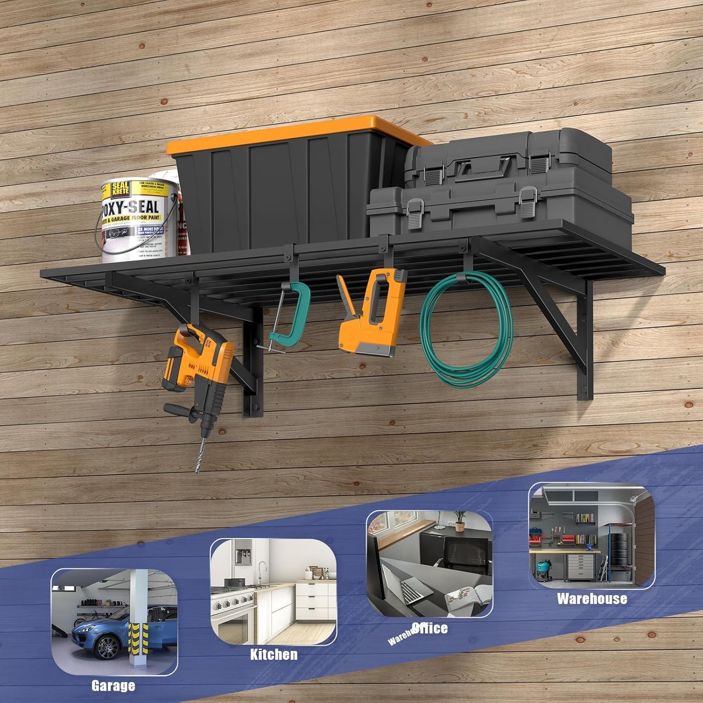 2x4ft Heavy Duty Garage Shelving, 2' x 4' Garage Wall Shelving Wall Mounted, 200LB Capacity Storage Rack with Hooks (1pack-2x4ft)