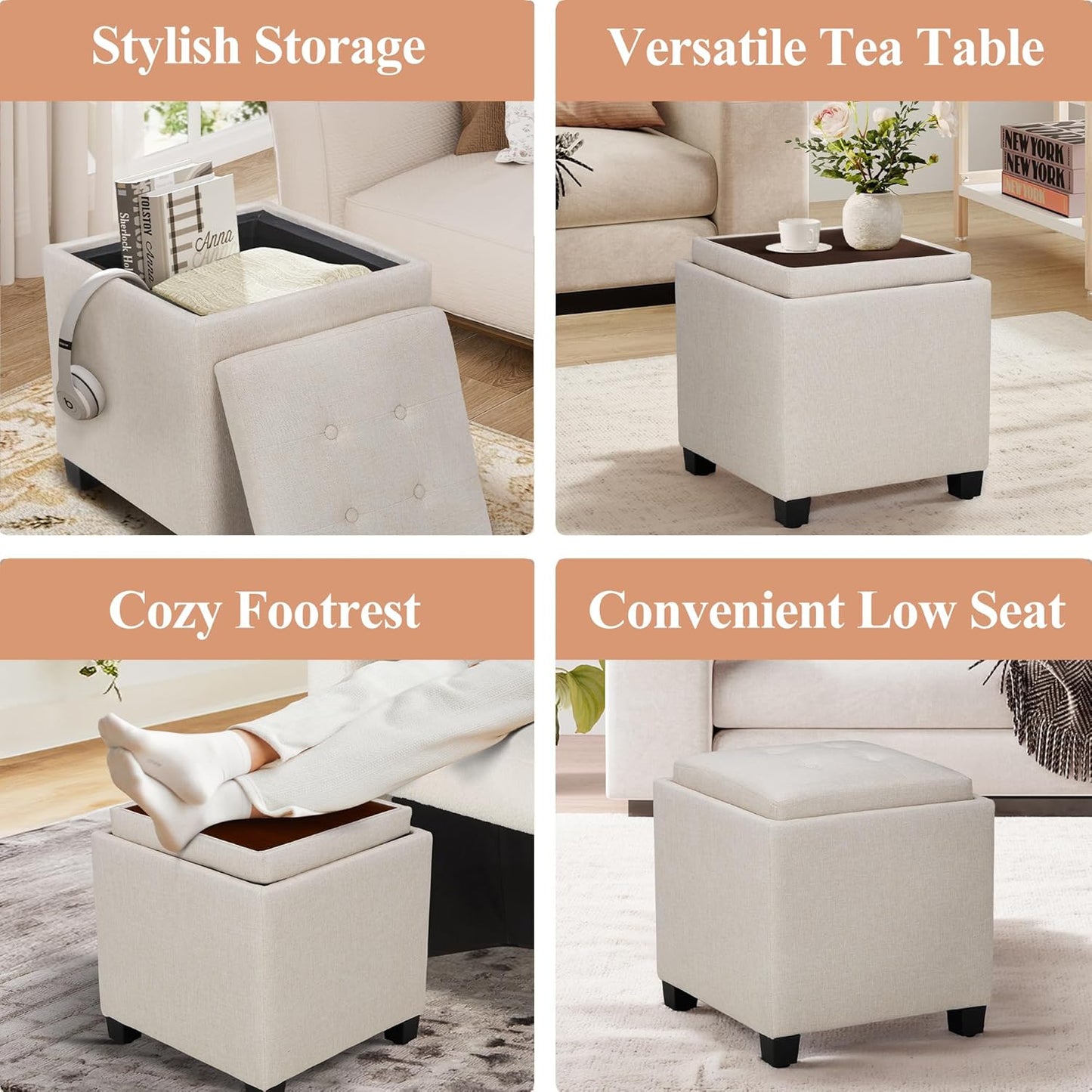 COLAMY Fabric Square Storage Ottoman with Reversible Tray Lid – Multi-Functional Footrest, Hidden Storage, Sturdy & Stylish Small Coffee Table for Living Room, Bedroom, or Entryway(Beige)