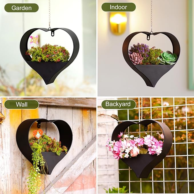 Metal Plant Hangers Indoor and Outdoor: Birthday Gifts for Women Mom Wife Father Garden Lovers - Black Heart Shape Hanging Planters Perfect for Window Wall Living Room Office Decor