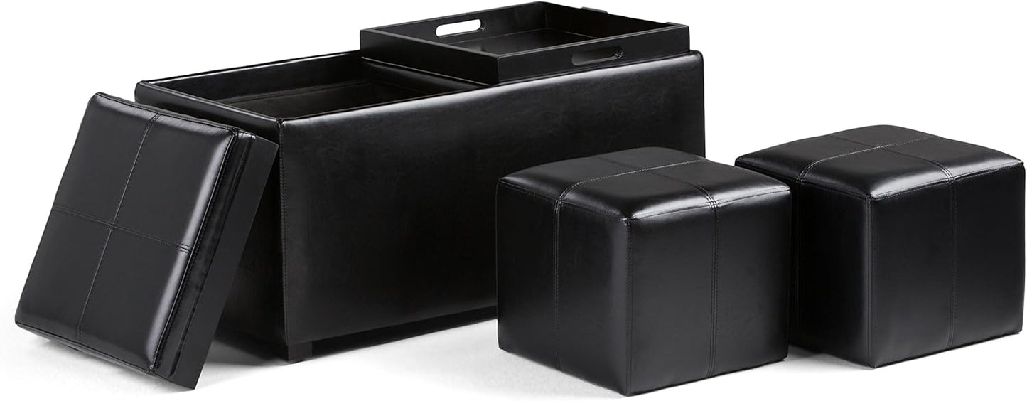 SIMPLIHOME Avalon 35 inch Wide Contemporary Rectangle 5 Pc Storage Ottoman in Midnight Black Vegan Faux Leather, Assembled, for the Living Room, Entryway and Family Room