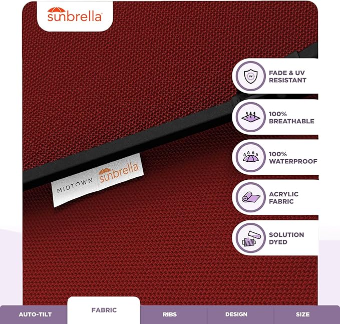 Midtown Umbrellas Sunbrella Umbrella 9 Feet Outdoor Umbrella With Red Acrylic Fabric - Auto-Tilt Aluminum Frame Patio Umbrella For Backyard, Deck, Garden, Pool - Black Pole