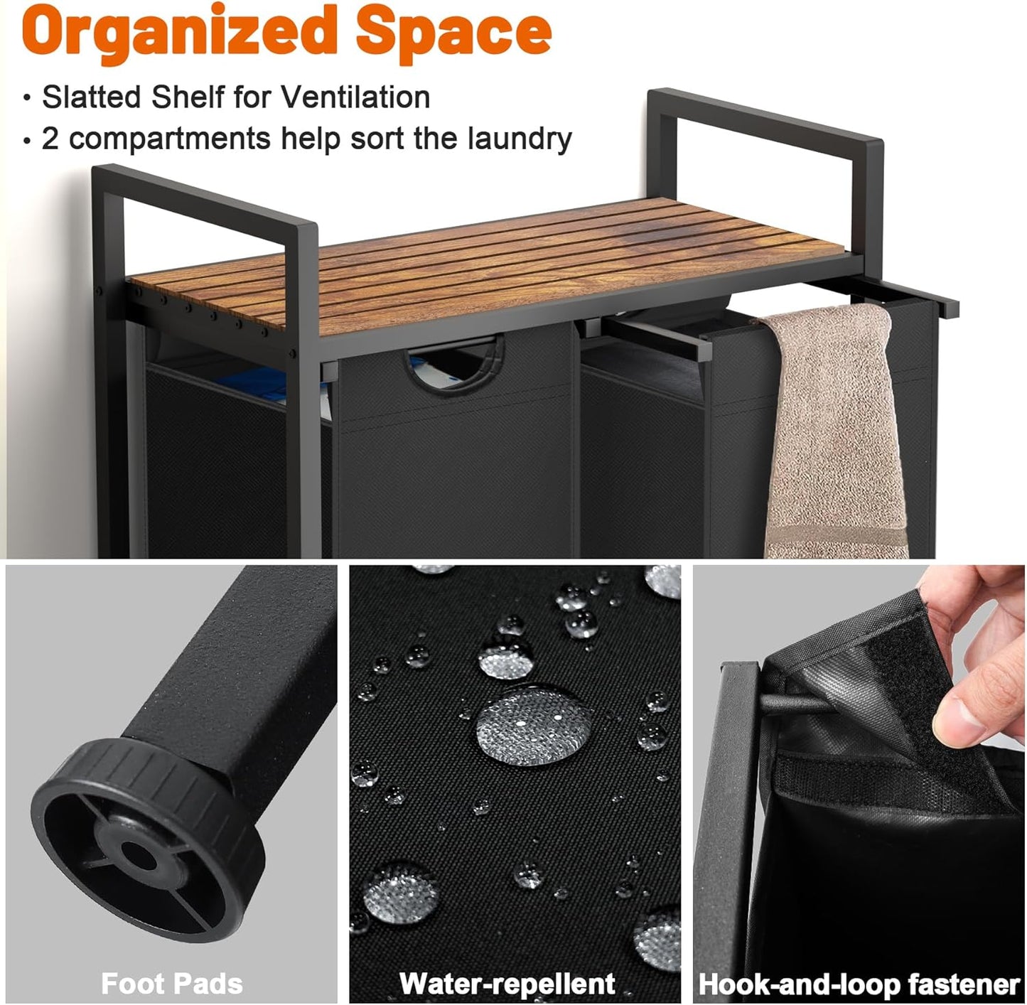 Laundry Hamper, Laundry Sorter with 2 Pull-Out Removable Oxford Fabric Bags Cloth Laundry Basket 2 x 10 Gallons (Black and Rustic Brown)