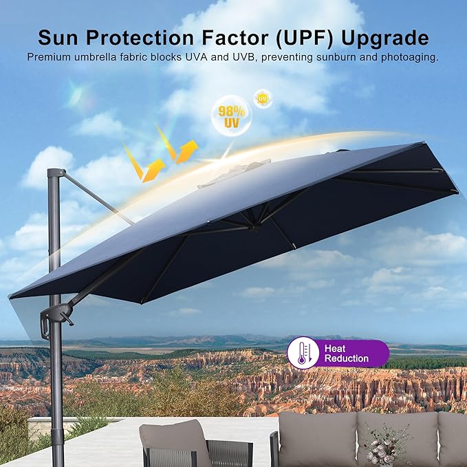 PURPLE LEAF 9 FT Cantilever Patio Umbrella Outdoor Aluminum Offset Square Umbrella with 3 Years Fade Resistance Recycled Fabric and 360-degree Rotation for Deck Pool Garden,Ocean Slate