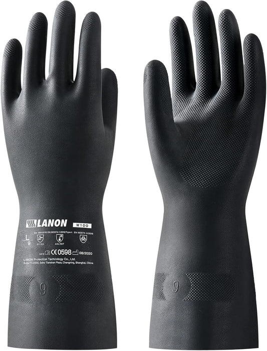 LANON Rubber Chemical Resistant Gloves, Reusable Heavy-duty Safety Work Gloves, Acid & Alkali Protection, Non-Slip, Large