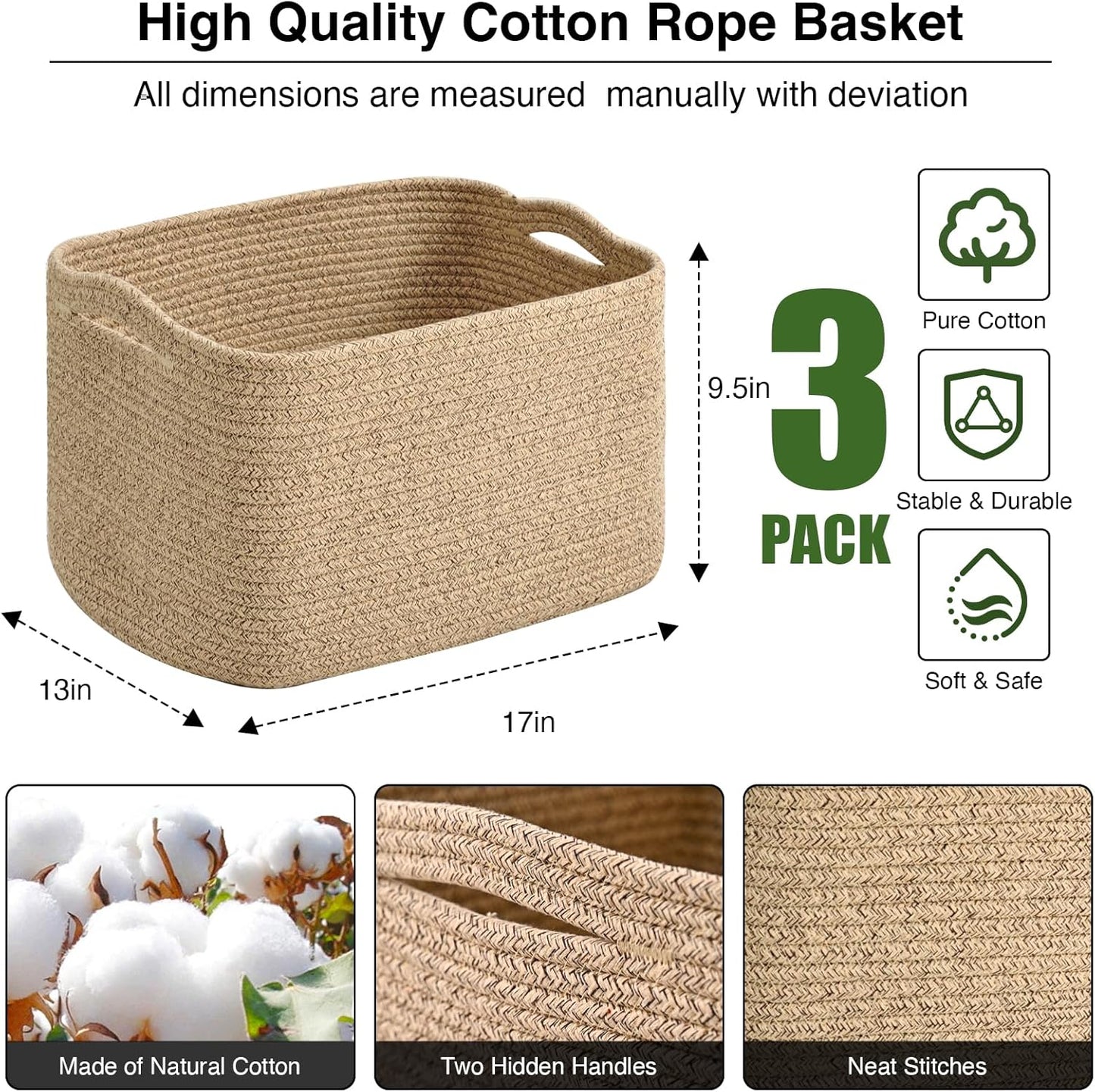 Large Storage Baskets for Organizing Shelves, Woven Cotton Rope Bins for Baby Nursery Organization, Book Toy Towel Organizer, 17"x13"x9.5", 3 Packs, Brown