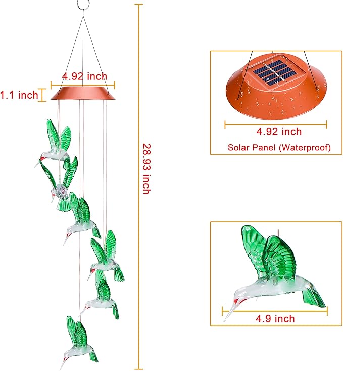 ME9UE Solar Hummingbird Wind Chimes Outdoor Waterproof Mobile Romantic LED Multi Color-Changing Solar Sensor Powered Lights for Home, Yard, Night Garden Decor, Party, Valentines Gift, Gift for Mom