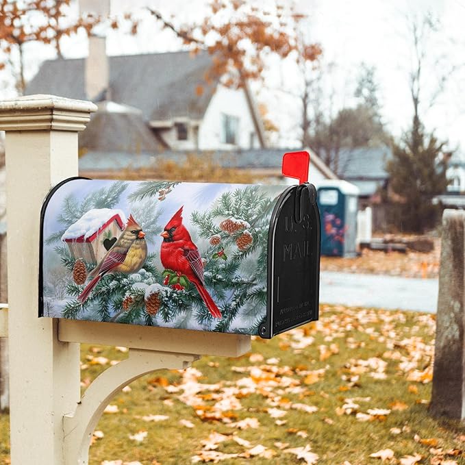 Winter Cardinal Magnetic Mailbox Covers Standard Size 21''x18'' Xams Sweet Birds Decorative Post Letter Box Cover Christma Birdhouse Snowy Pine Letterbox Cover for Home Outdoor Garden