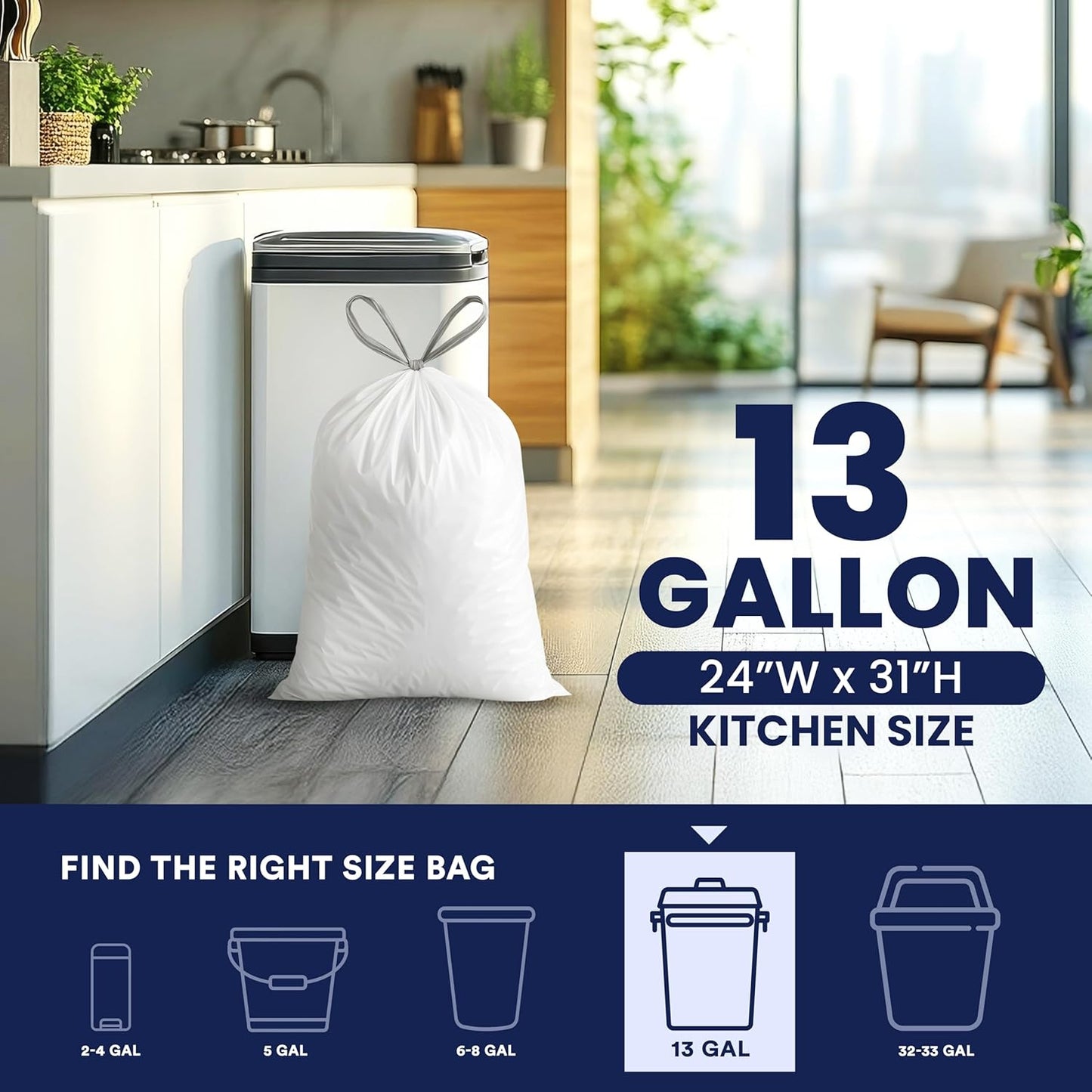 Plasticplace 13 Gallon Trash Bags â”‚ 1.2 Mil â”‚ White Drawstring Garbage Can Liners â”‚ 24" x 31", 200 Count (Pack of 1)