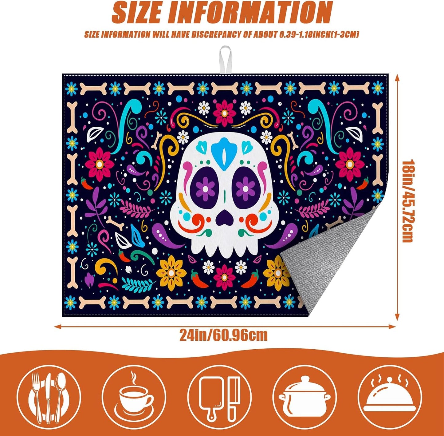 Sugar Skull Dish Drying Mat for Kitchen Counter Microfiber Absorbent Dish Day of the Dead Kitchen Drying Mat Draining Reusable Washable for Dishes/Utensils/Counterto