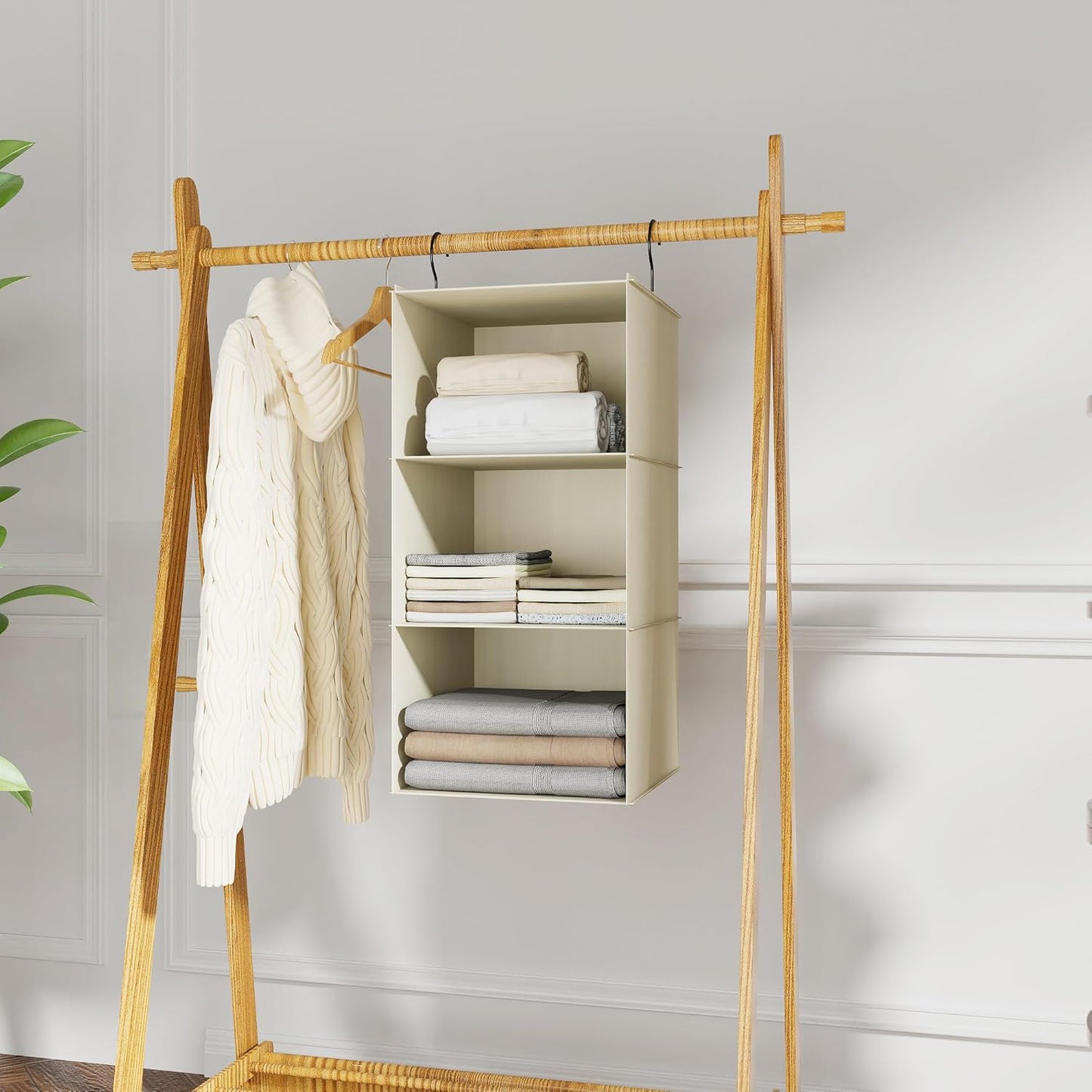 Hanging Closet Organizer and Storage 3-Shelf, Easy Mount Foldable Hanging Closet Wardrobe Storage Shelves, Clothes Handbag Shoes Accessories Storage, Washable Oxford Cloth Fabric, Beige