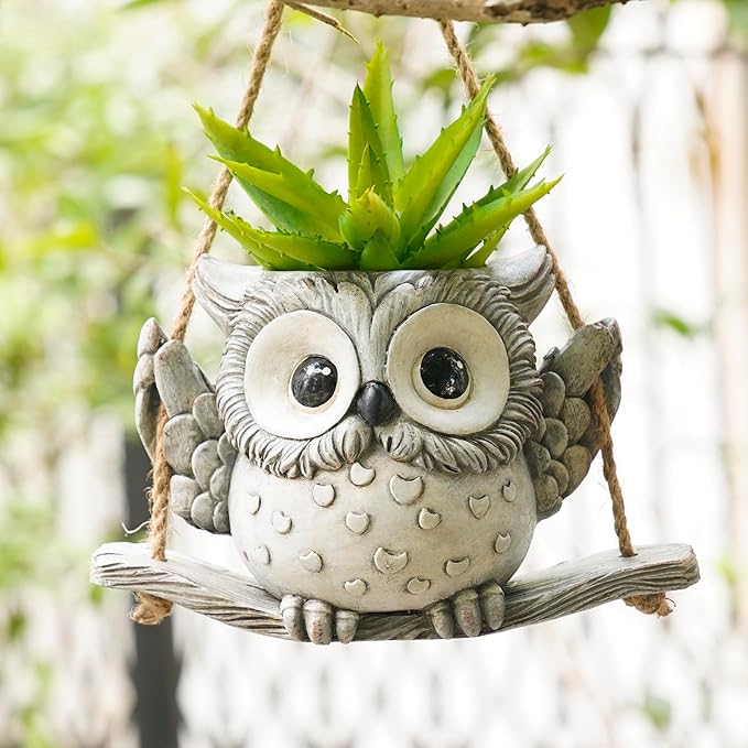 Swing Owl Hanging Planters for Indoor Plants, Cute Small Succulent Pots with Drainage Hole, Unique Resin Plant Hangers Outdoor, Hanging Plant Holder for String Of Pearls, Gift Ideas for Mother