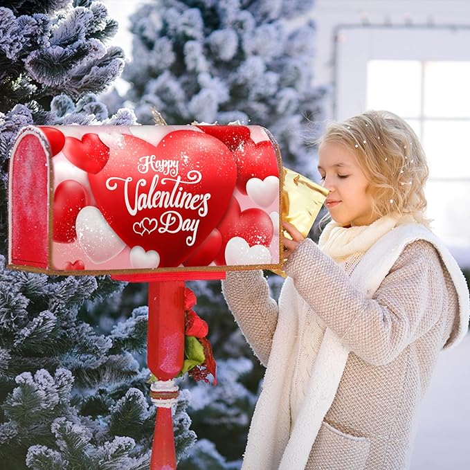 Happy Valentine's Day Magnetic Mailbox Cover - Red and Pink Love Heart Design - Standard Size 25.5x21 Inch for Home Outdoor Garden Decorations