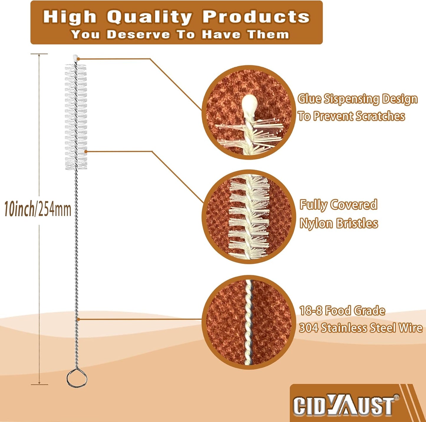 Straw Cleaner Brush Extend 10-Inch, Straw Brush with PA6 Nylon Bristles and Flexible Wire for Baby Bottles, Sippy Cups, Reusable Straws & Sport Water Bottles,6-Pack.