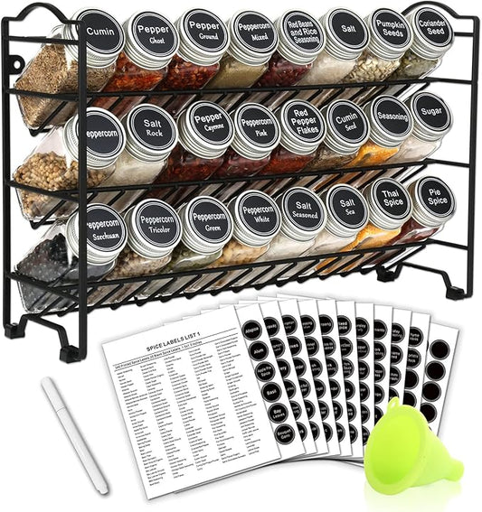 SWOMMOLY Spice Rack Organizer with 24 Empty Glass Spice Jars, 396 Spice Labels with Chalk Marker and Funnel Complete Set, for Countertop, Cabinet or Wall Mount, Black