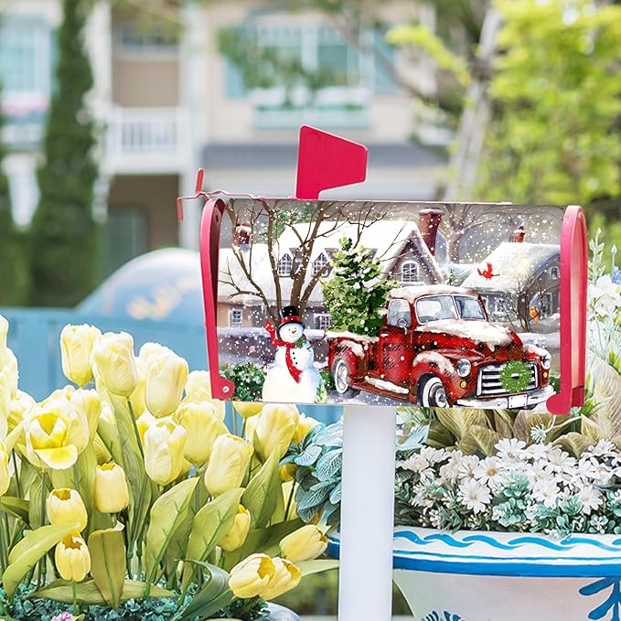 Red Buffalo Plaid Winter Snowman Mailbox Covers - Xmas Decorations, Magnetic, Waterproof, Standard Size 25.5x21 inch for Garden Yard Home Decor