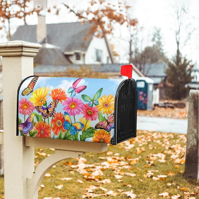 Spring Flower Mailbox Covers Magnetic Standard Size 21x18 Inch Beautiful Fluttering Butterfly Mailbox Covers Colorful Floral Decorative Mailboxes Wraps Post Letter Box Cover for Outside