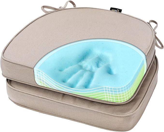 SUNROX Gel Memory Foam Chair Cushions, FadeShield Water-, Stain-Resistant Durable Reversible Seat Cushion Pads with Ties for Indoor/Outdoor Kitchen Dining Office 17"x16" Set of 2, Husk Birch