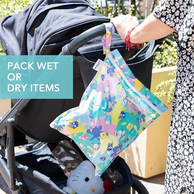 Bumkins Waterproof Wet Bag for Baby, Travel, Swim Suit, Cloth Diapers, Pump Parts, Pool, Beach, Gym Clothes, Toiletry, Hook to Stroller, Daycare, Zipper Reusable Wetdry Packing Pouch, Hello Kitty Luau