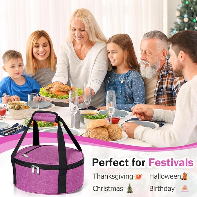 Round Insulated Casserole Carrier, Pie Carrier Bag, Portable Casserole Carrier for Hot or Cold Food Lunch Tote, Lunch Bag for Parties Picnic, Fits 12.5" Baking Dish, Rose Red