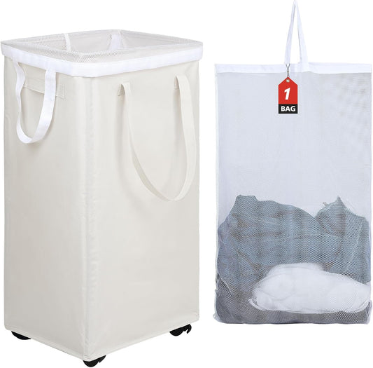 DOKEHOM 90L X-Large Laundry Basket with Removable Wash Bag on Wheels, Collapsible Rolling Laundry Hamper, Foldable Clothes Organizer, Folding Washing Bin (Beige)