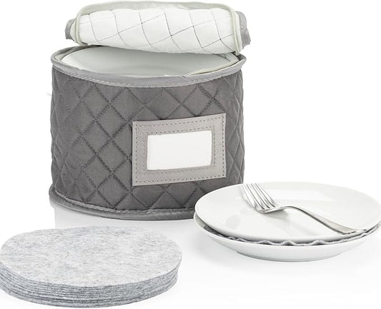China Storage Case - Saucer or Small Plate Quilted Case - 7" diameter x 6" height - Gray - Includes 12 Felt Separators -Stackable With Padded Interior - Great for Appetizer Plates
