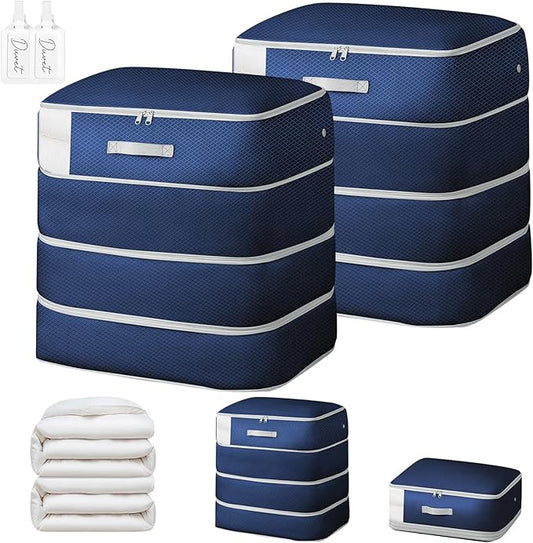 Comforter Storage Bag - Large Capacity Blanket Storage Bags 4-Layer Ultra Space Saving Self Compression Organizer, Washable Compression Bags for Storage Comforter Blanket, 2-Pack, Navy Blue