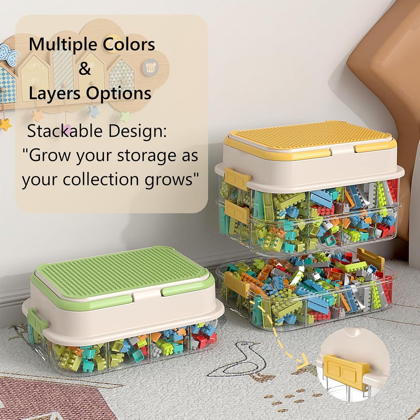 Toy Storage Organizer Box with Handle, Stackable Building Block Toy Box with Building Plate Lid & Removable Sorting Trays, Cubby Bins and Containers 2 Layer (Lemon)