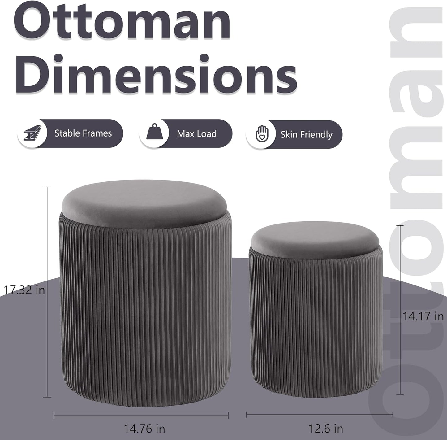 Royal Windsor Round Ottoman with Storage Set of 2,Vanity Stool with Storage for Bedroom, Ottoman Coffee Table,Small Velvet Foot Stool for Living Room,Grey