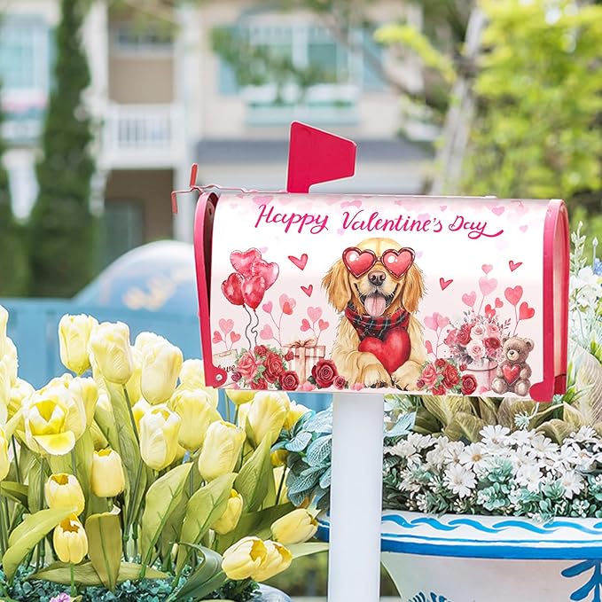 Happy Valentine Mailbox Covers Magnetic Standard Size 25.5"x21" Golden Retriever Dog Love Heart Decorative Mail Box Post Cover Rose Anniversary Pink Mail Box Post Cover for Home Outdoor Garden