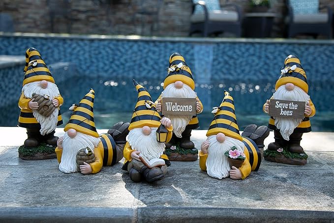 Exhart Solar Beekeeper Garden Gnome Statue, LED Hat, Lantern,Hand Painted Cute Yard Décor, 5.5" x9.5”