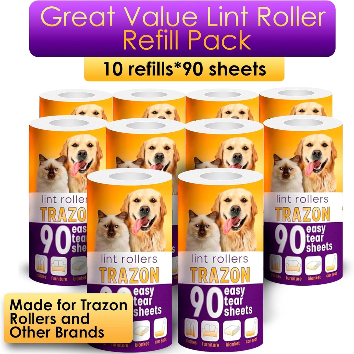 Lint Rollers Pet Hair Value 10 Pack of 900 Sheets / 10 Refills, Sticky Roller Pet Hair, Lint Remover Dog/Car Hair, Fuzz, Animal Fur, Large Lint Removal Roller Clothe, Couch, Furniture