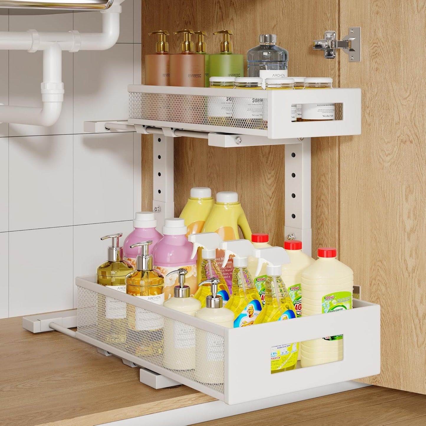 1 Pack-11.4"-16.14"H Under Sink Storage Organizer, Large 2-Tier Elegant Mesh Pull Out Shelf for Kitchen and Bathroom Cabinet Organization, L-Shaped and Adjustable Height Design for Maximum Space-White