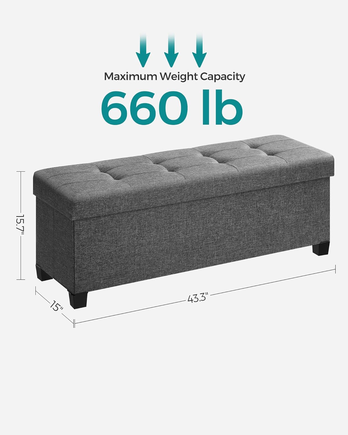SONGMICS Storage Ottoman Bench, Foldable Foot Rest with Legs, 15 x 43 x 15.7 Inches, End of Bed Bench, Storage Chest, Load up to 660 lb, for Living Room, Bedroom, Entryway, Slate Gray ULSF018G01