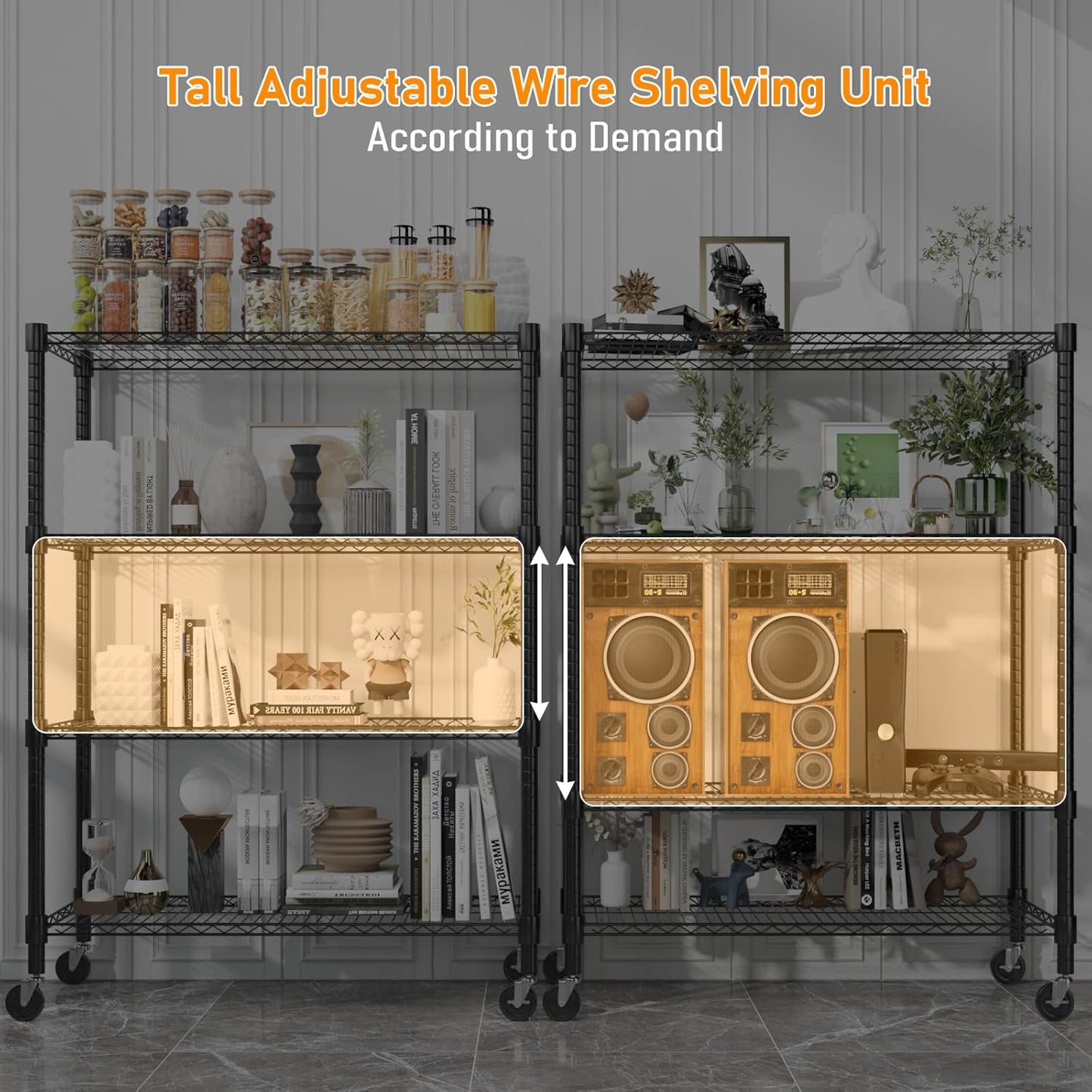 Himimi 18" D×36" W×72" H Storage Shelves with Wheels Metal Wire Shelving Unit 4 Tier Adjustable Shelving Heavy Duty Garage Shelf Organizer Rack Loads 1600LBS，Black