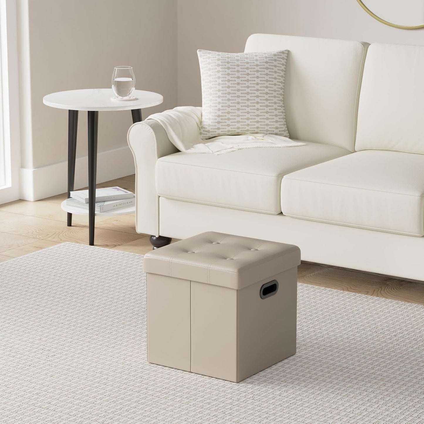 SONGMICS Mazie Collection - 15 Inches Ottoman with Storage, Footstool, Storage Ottoman with Metal Handles, Load 660 lb, for Dorm, Living Room, Bedroom, Synthetic Leather, Camel Brown ULSF030K03