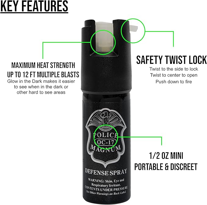 POLICE MAGNUM Mini Pepper Spray Self Defense Canisters- Max Heat Strength- Small & Discreet - Made in The USA (10 Pack 1/2oz Twist Lock)