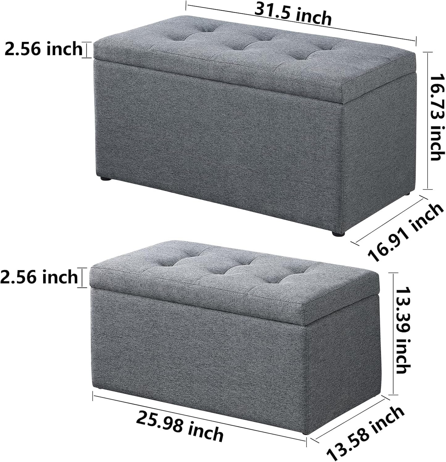 Storage Ottoman Bench with 2.56-inch Thick Seat, 31.5 inch Nesting Ottoman Set of 2, Hinged Flip Top Bench with Storage for Living Room, Bedroom, Grey