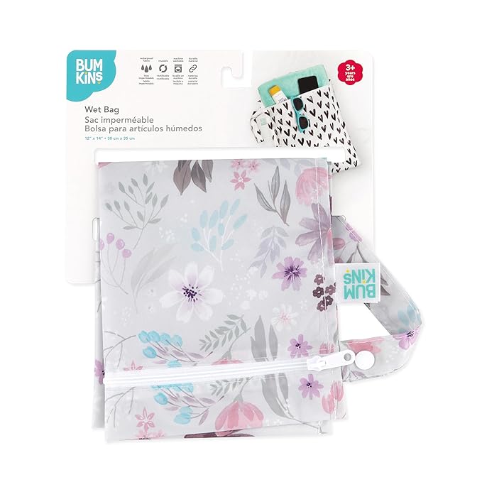 Bumkins Waterproof Wet Bag for Baby, Travel, Swim Suit, Cloth Diapers, Pump Parts, Pool, Beach, Gym Clothes, Toiletry, Hook to Stroller, Daycare, Zipper Reusable Wetdry Packing Pouch, Florals Gray