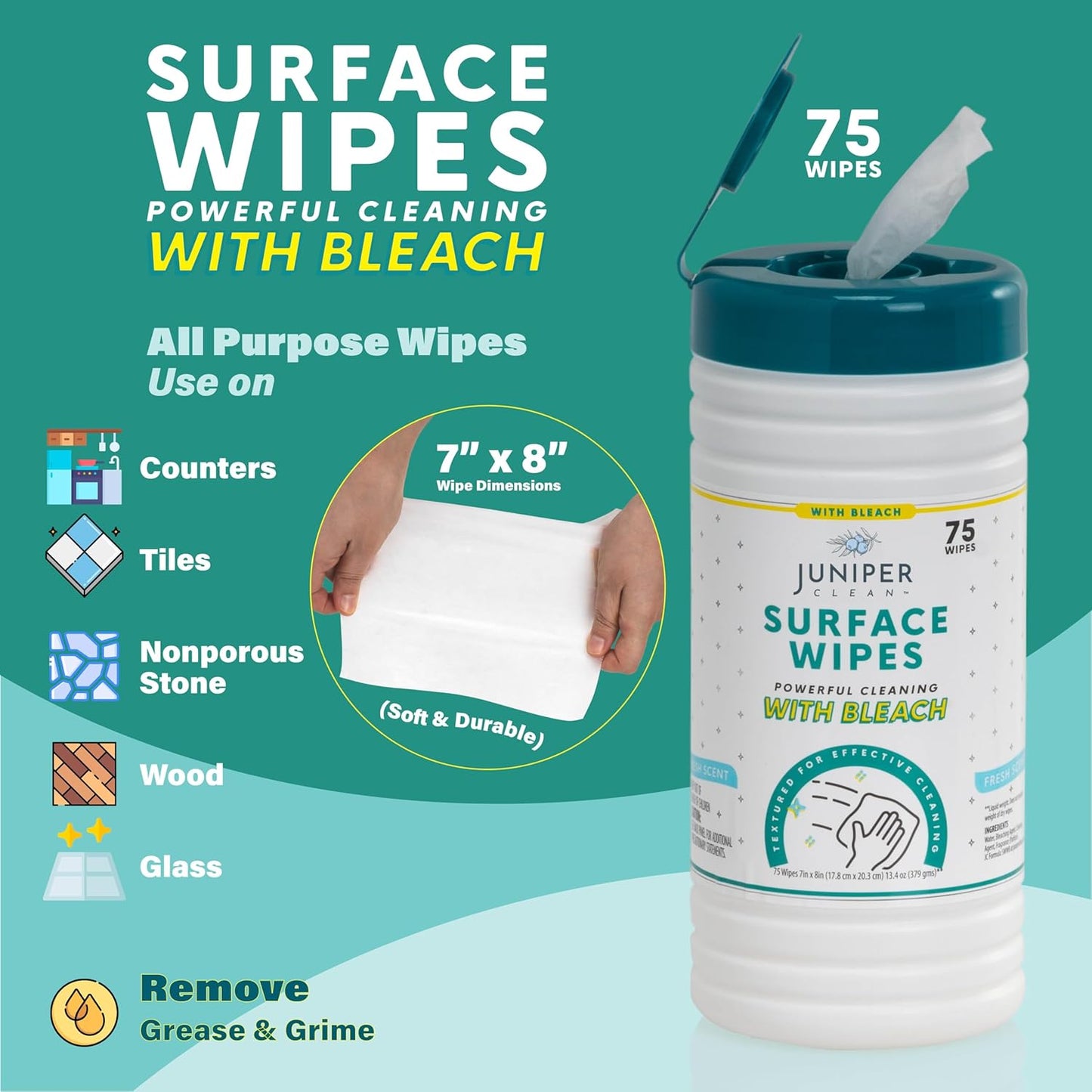 4 Pack Surface Cleaning Wipes with Bleach, All-Purpose Cleaner for Bathroom, Kitchen, Office, 300 Count Canister, 7.5" x 7" Sheet, Fresh Scent, Lint Free & Durable
