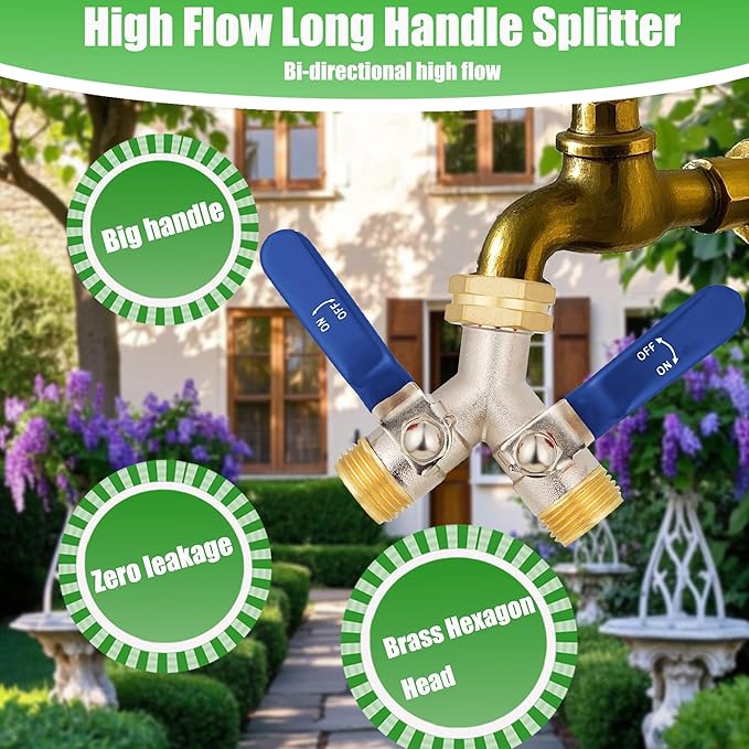 EJW Hose Splitter 2 Way, High Flow Garden Hose Splitters Full Flow Hose Splitter, Heavy Duty Brass Water Hose Splitters, Faucet Splitter, Valve 3/4 Inch GHT Thread.
