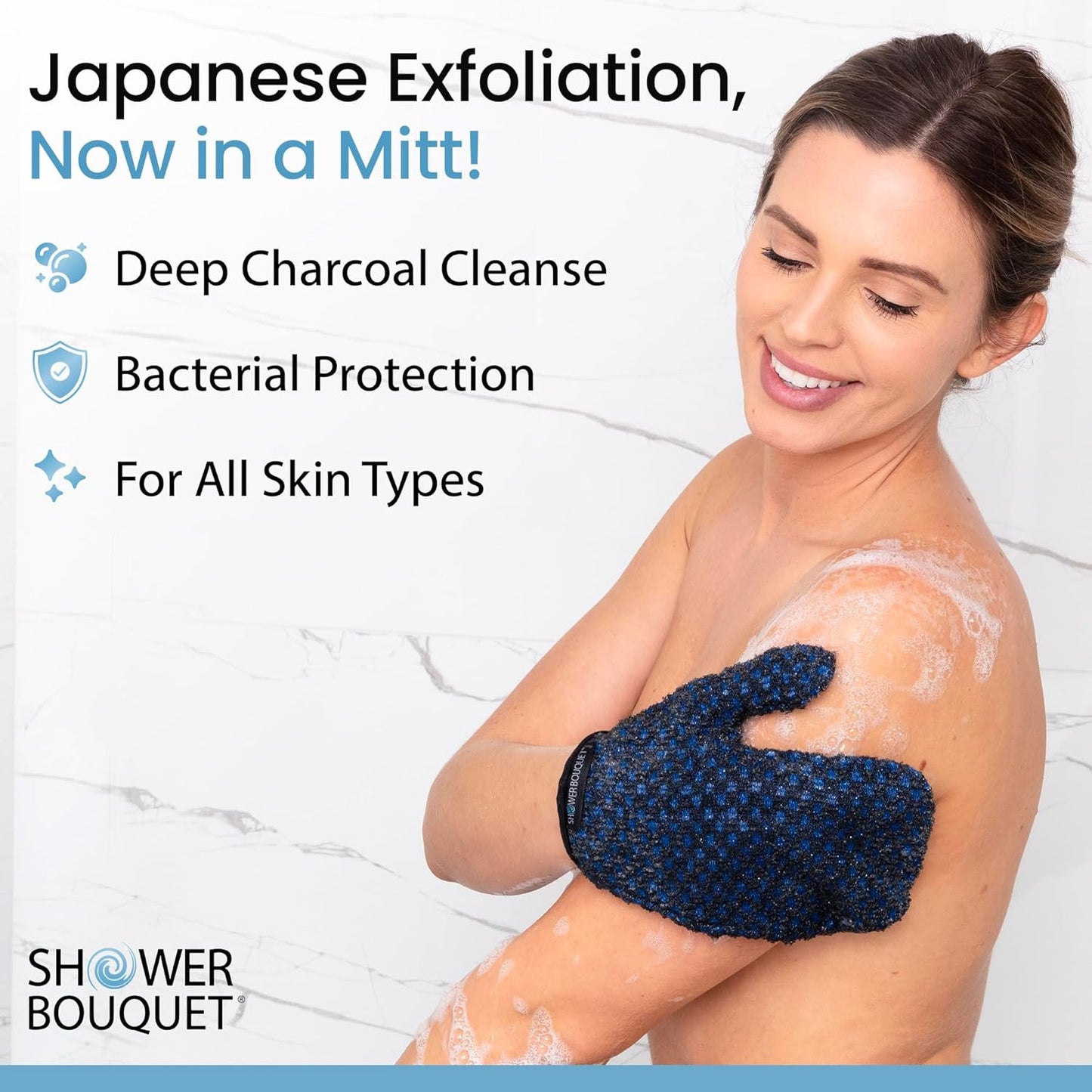 Japanese Exfoliating Mitt for Shower [1-Pack, Blue] - Charcoal & Silver Ion Exfoliating Glove - Gentle Exfoliation & Deep Cleansing Shower Mitt - Exfoliating Body Scrubber Glove, Soft Fabric Inside