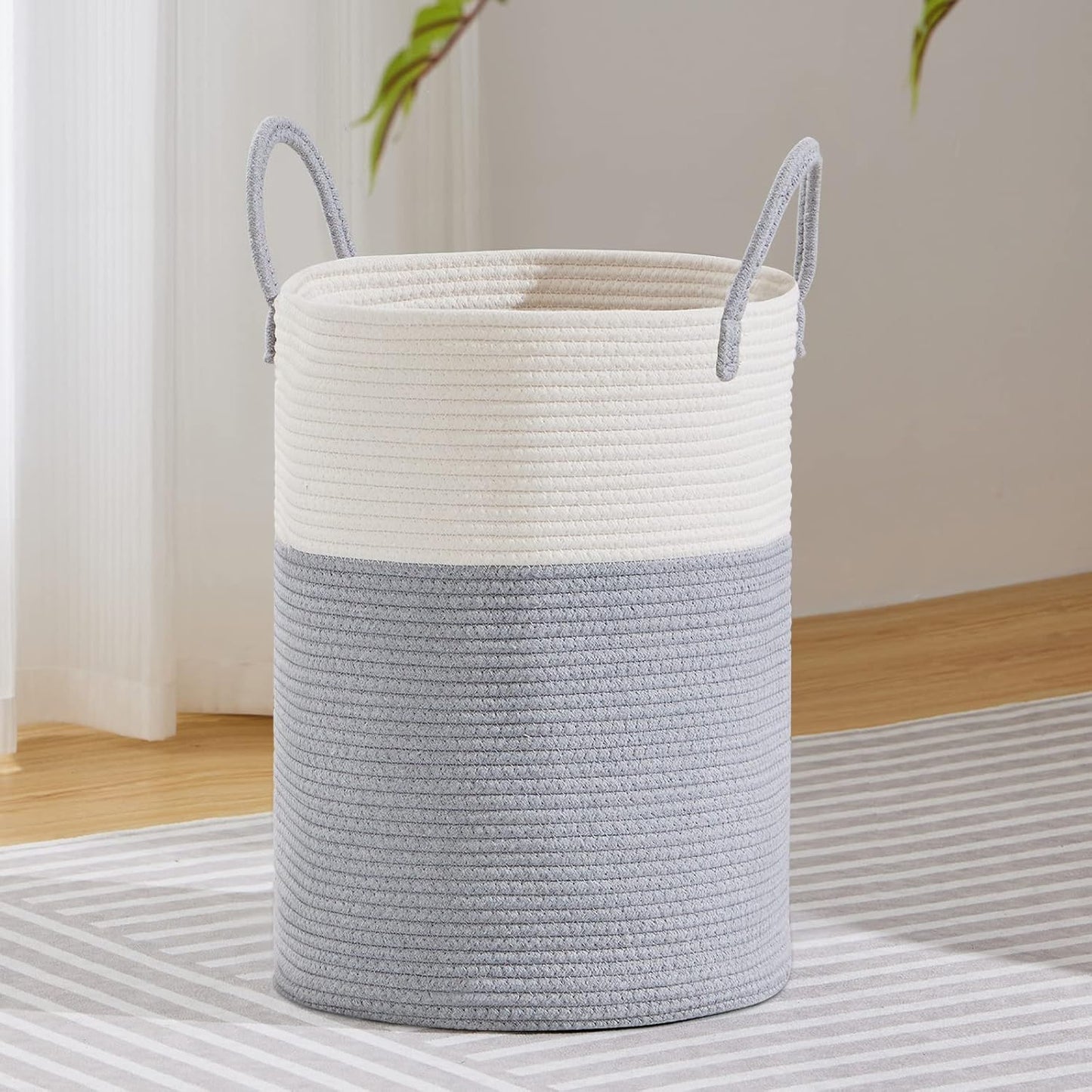 VIPOSCO Large Laundry Hamper, Tall Woven Rope Storage Basket for Blanket, Toys, Dirty Clothes in Living Room, Bathroom, Bedroom - 58L Grey & White
