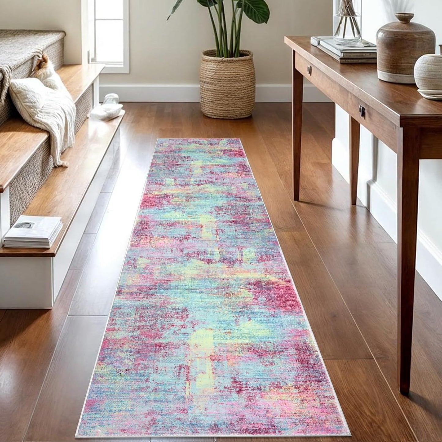 IOHOUZE Abstract Runner Rug 2x8 Ft Washable Runners for Hallways, Non Slip Kitchen Runner Printed Faux Wool Entryway Runner Indoor, Modern Abstract Floor Carpet for Hall Kitchen Bedroom, Pink Teal