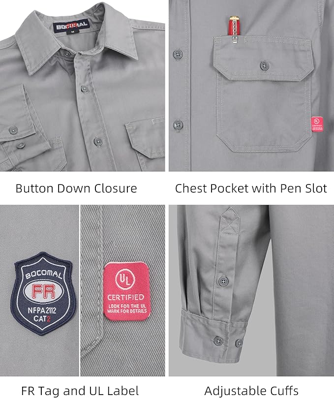 BOCOMAL FR Shirts Flame Resistant 100% C NFPA2112 7.5oz Men's Fire Retardant Welding Shirt