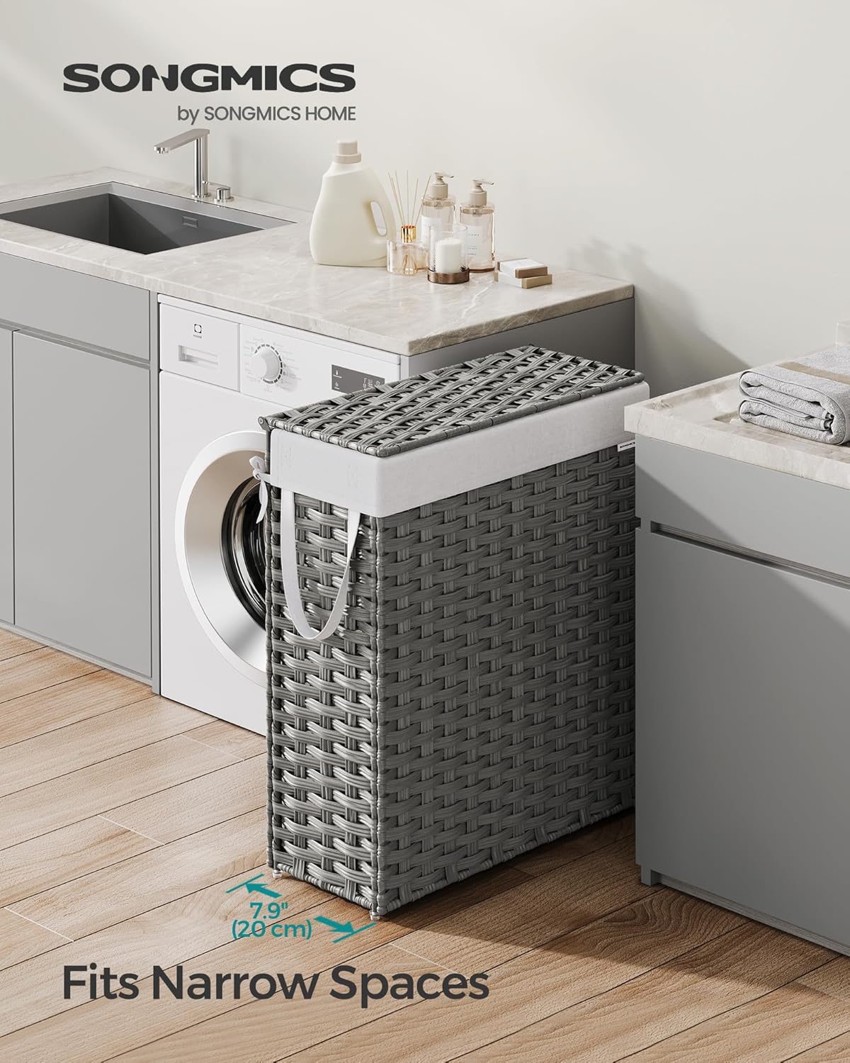 SONGMICS Slim Laundry Hamper with Lid, 14.5 Gallon (55L) Rattan Clothes Laundry Basket with Lid and Handles, Foldable, Removable Liner, Dove Gray ULCB164G01